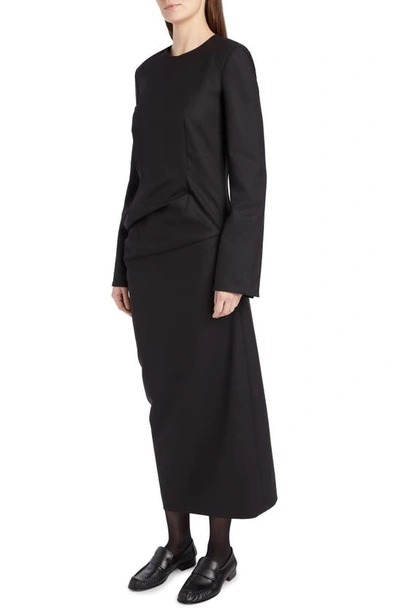 Shop The Row Lucienne Asymmetric Long Sleeve Double Face Wool Blend Midi Dress In Black