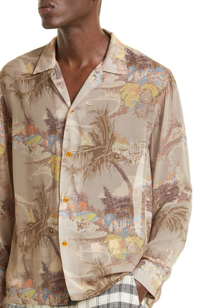 Shop Bode Riviera Print Long Sleeve Silk Shirt In Multi