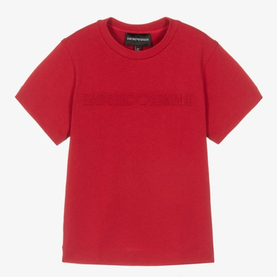 Shop Emporio Armani Boys Red Cotton Embossed Logo T-shirt