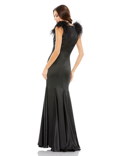 Shop Mac Duggal Feather Shoulder V-neck Column Gown In Black