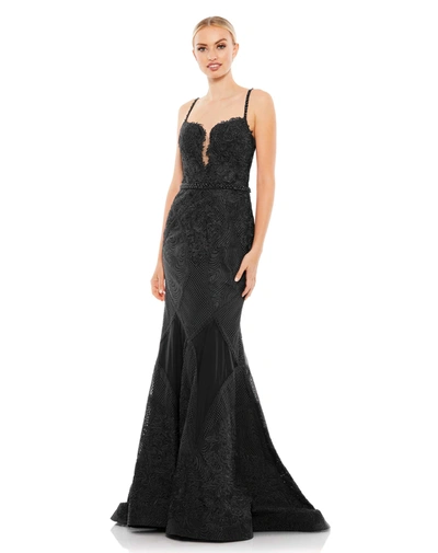 Shop Mac Duggal Embroidered Sleeveless Plunge Neck Trumpet Gown In Black