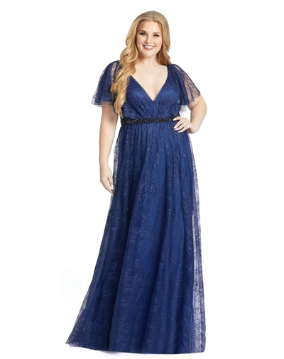 Shop Mac Duggal Lace Flutter Sleeve A Line Gown In Midnight