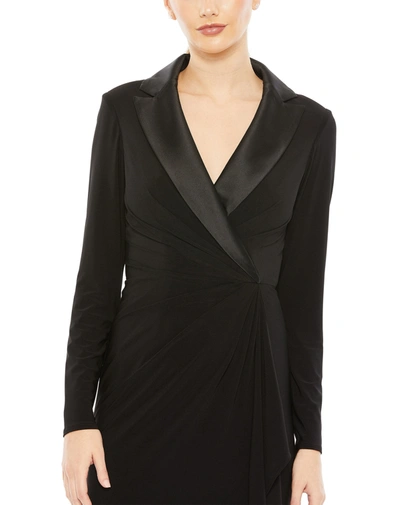 Ieena For Mac Duggal Long Sleeve Faux Tuxedo Gown In Black