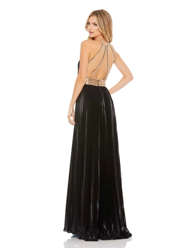 Mac Duggal Pleated Embellished Halter Open Back Gown In Black