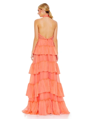 Shop Ieena For Mac Duggal Ruffle Tiered Pleated Halter Neck A Line Gown In Peach