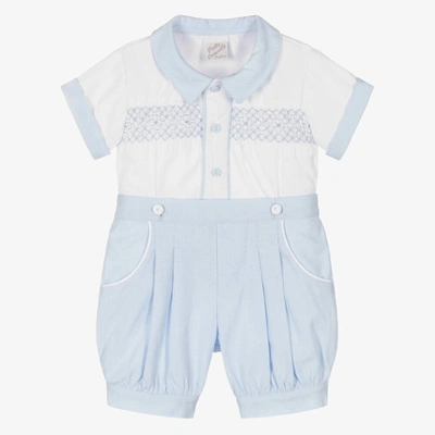 Shop Pretty Originals Boys White & Blue Smocked Buster Suit