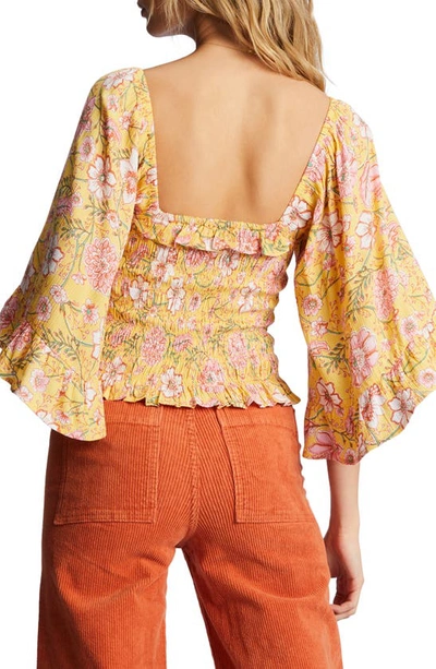 Shop Billabong Be My Babe Floral Smocked Square Neck Top In Golden Peach