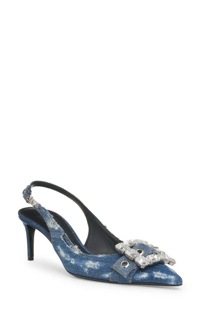 Dolce & Gabbana 60 Denim Patchwork Crystal Slingback Pumps In Cobalto Scuro