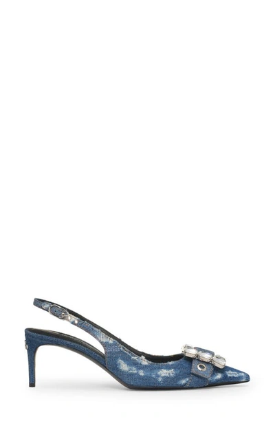Dolce & Gabbana 60 Denim Patchwork Crystal Slingback Pumps In Cobalto Scuro