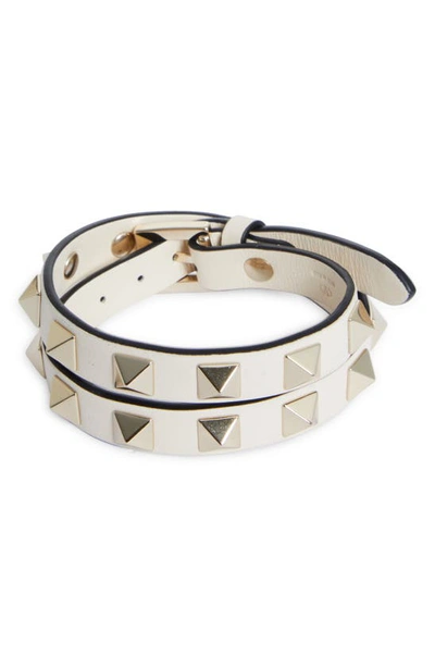 Shop Valentino Rockstud Double Wrap Leather Bracelet In Light Ivory