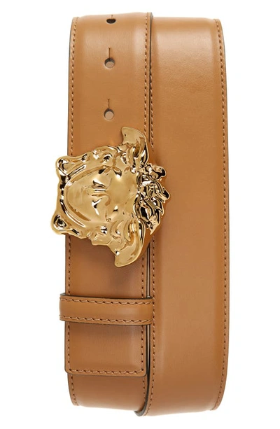 Shop Versace Medusa Head Leather Belt In Toffee/ Gold