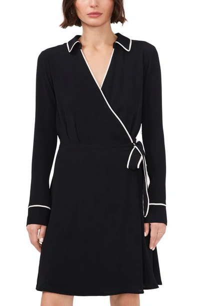 Shop Halogen Collar Long Sleeve Faux Wrap Dress In Rich Black