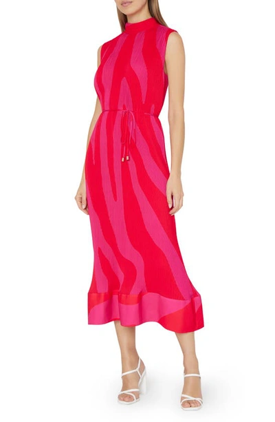 Shop Milly Melina Tiered Zebra Stripe Plissé Midi Dress In  Pink