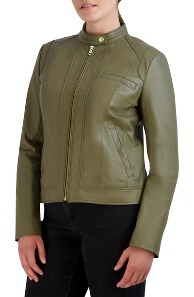 Shop Cole Haan Moto Leather Jacket In Sage