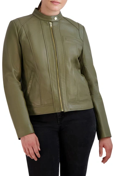 Shop Cole Haan Moto Leather Jacket In Sage