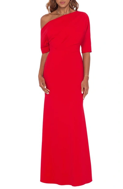 Shop Betsy & Adam One-shoulder Crepe Scuba Trumpet Gown In Red