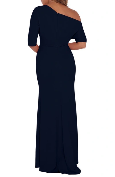 Betsy & Adam Ruched One-shoulder Gown In Navy