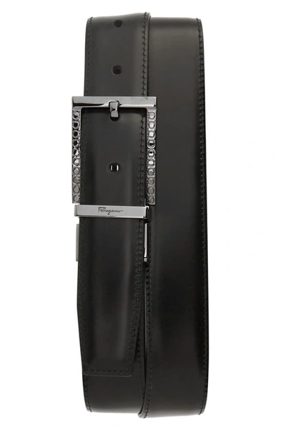 Shop Ferragamo Gancio Engraved Buckle Reversible Leather Belt In Tamarindo Nero