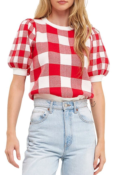 Shop English Factory Gingham Puff Sleeve Sweater In Red