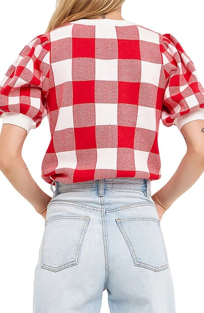 English Factory Gingham Puff Sleeve Sweater In Red