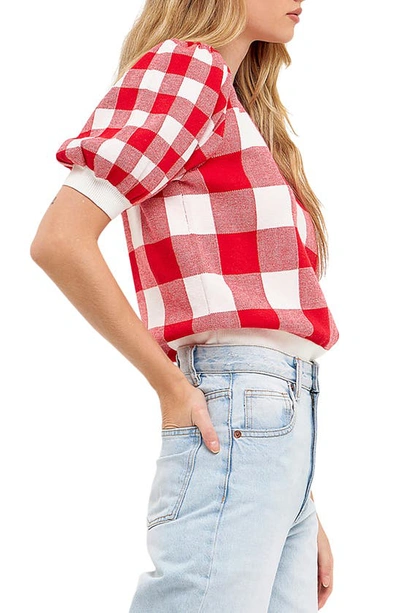 English Factory Gingham Puff Sleeve Sweater In Red