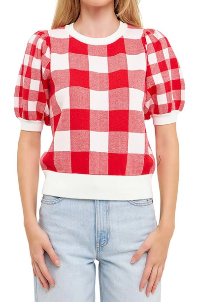 Shop English Factory Gingham Puff Sleeve Sweater In Red