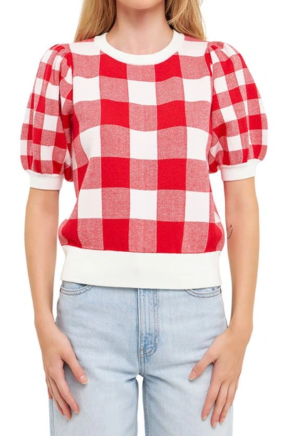 English Factory Gingham Puff Sleeve Sweater In Red