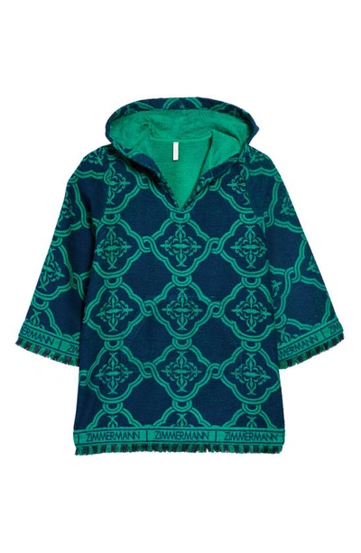 Shop Zimmermann Kids' Tiggy Tile Print Terry Cover-up Hoodie In Blue/ Green