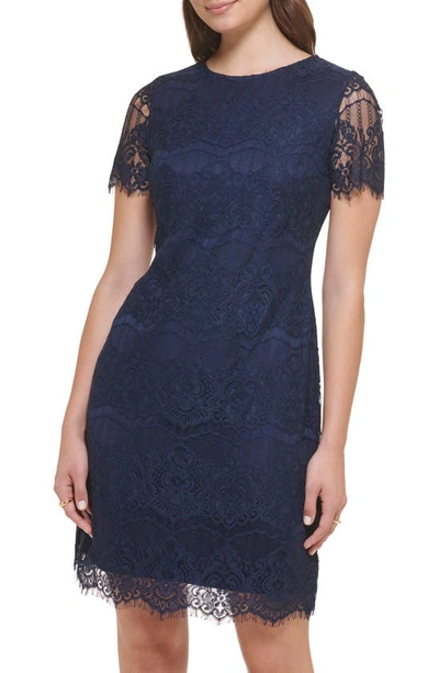 Shop Kensie Scalloped Short Sleeve Lace Cocktail Minidress In Navy