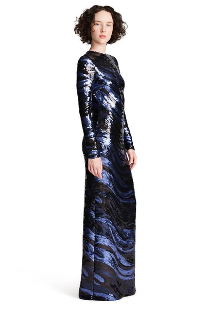 Shop Halston Whitney Sequin Long Sleeve Column Gown In Twilight Color Block