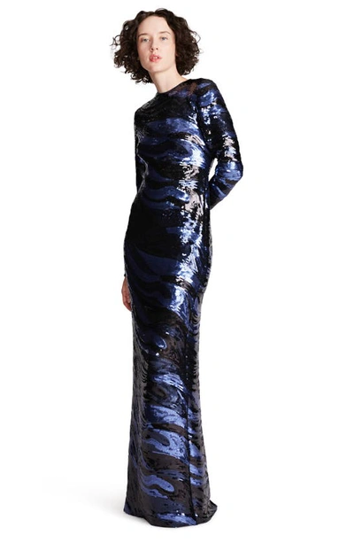 Shop Halston Whitney Sequin Long Sleeve Column Gown In Twilight Color Block