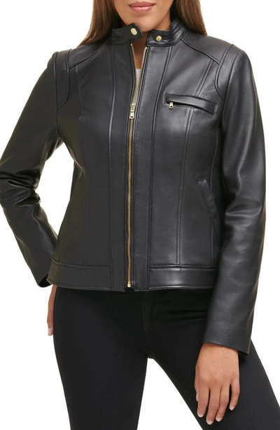 Shop Cole Haan Moto Leather Jacket In Black