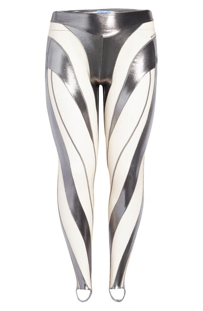 Shop Mugler Sheer Illusion Spiral Stirrup Leggings In Chrome Silver / Nude 1
