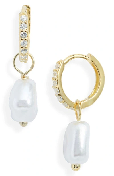 Shop Ben Oni Sadie Faux Pearl Huggie Hoop Earrings In Gold
