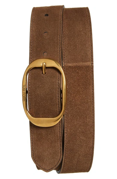 Shop Tom Ford Oval Buckle Suede Belt In Tobacco