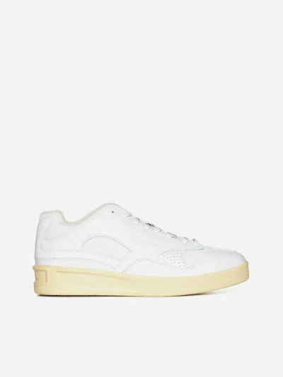 Shop Jil Sander Leather And Fabric Sneakers In White,ecru