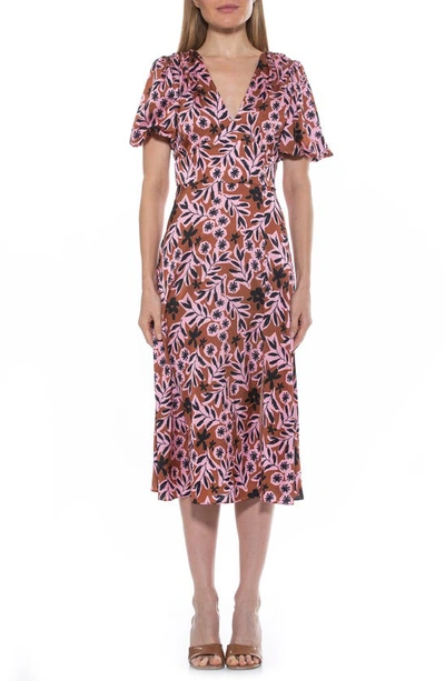 Shop Alexia Admor V-neck Puff Sleeve Midi Dress In Brown Floral