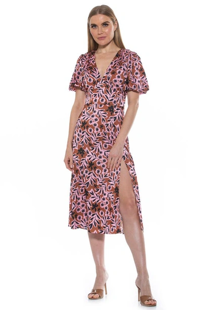 Shop Alexia Admor V-neck Puff Sleeve Midi Dress In Brown Floral