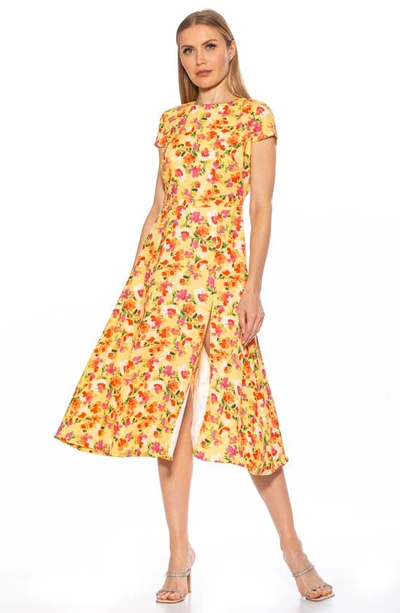 Alexia Admor Lily Crew Neck Midi Dress In Yellow Watercolor