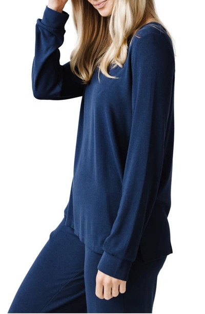 Cozy Earth Rib Long Sleeve Knit Pajama Top In Navy