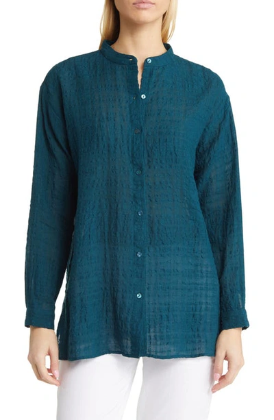 Shop Eileen Fisher Mandarin Collar Boxy Organic Linen & Cotton Shirt In Pacifica