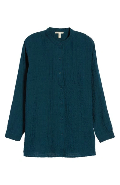 Shop Eileen Fisher Mandarin Collar Boxy Organic Linen & Cotton Shirt In Pacifica