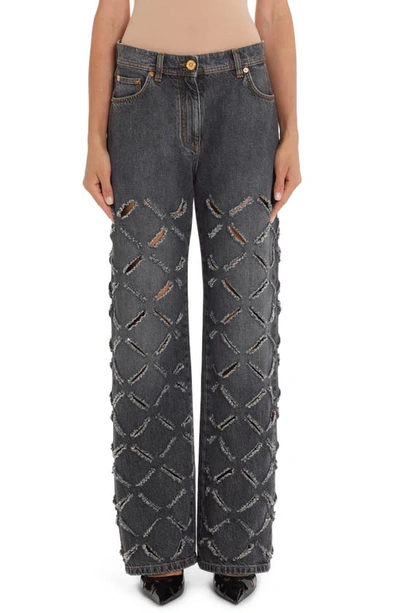 Shop Versace Slash Laser Cut Straight Leg Jeans In Grey