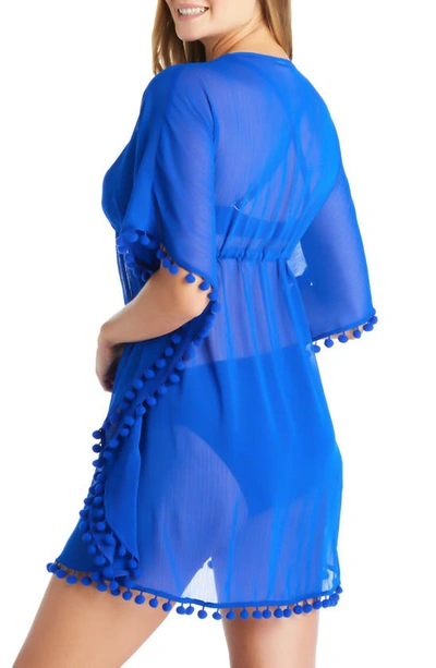 Shop Bleu By Rod Beattie Gypset Pompom Sheer Cover-up Caftan In Cobalt