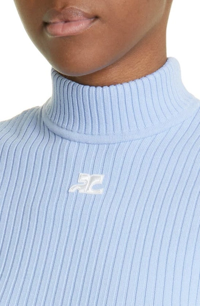Shop Courrèges Embroidered Logo Mock Neck Rib Sweater In Sky