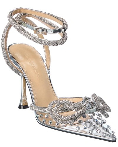 Shop Mach & Mach Double Bow Crystal Leather & Vinyl Pump In Silver