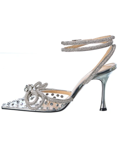 Shop Mach & Mach Double Bow Crystal Leather & Vinyl Pump In Silver