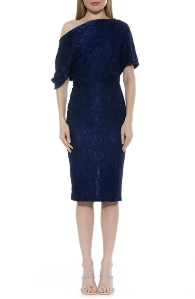 Shop Alexia Admor Tayla Draped One-shoulder Lace Midi Dress In Navy