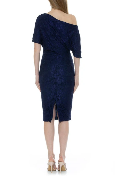 Shop Alexia Admor Tayla Draped One-shoulder Lace Midi Dress In Navy