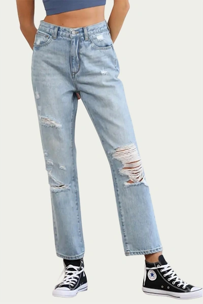Shop By Together Distressed High-rise Straight-leg Jeans In Light Blue